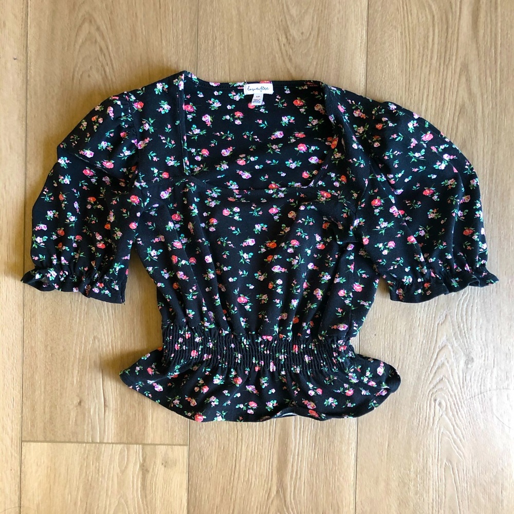 New! Lovefire Peplum Black Floral Blouse Puffy Sleeve